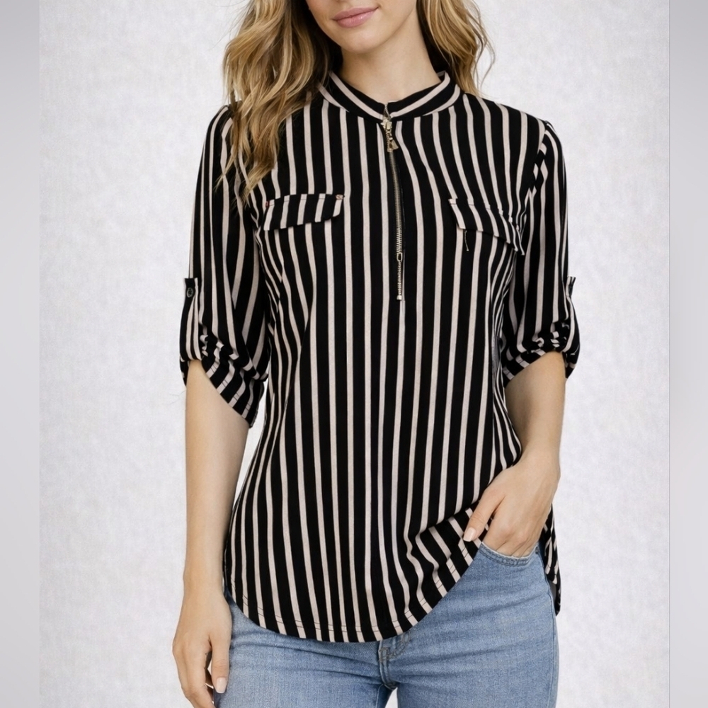 BEIPEI Black & Lavendar Vertical Striped Zipper Blouse